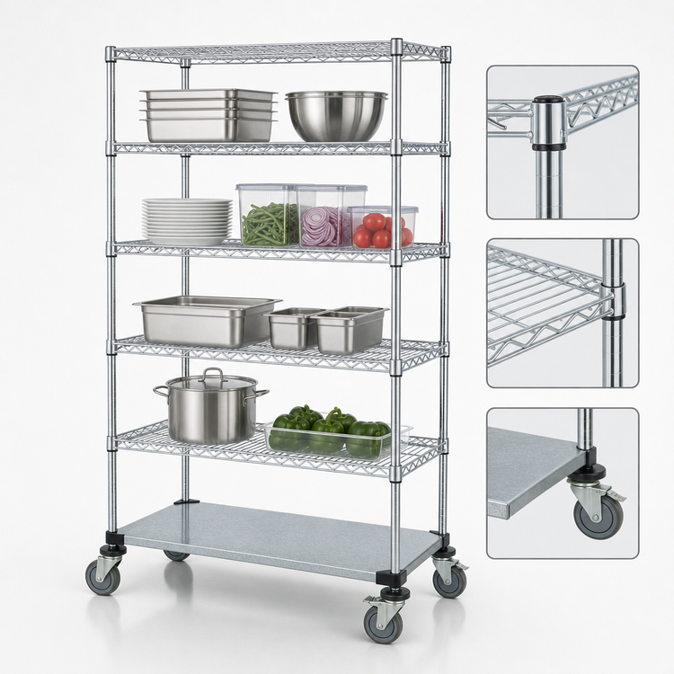 Product image #3 for Quantum Mobile 5-Shelf Wire Shelving Cart, 36 Inch W x 18 Inch D x 80 Inch H, Chrome Finish