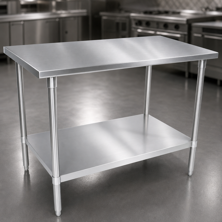Product image #3 for John Boos Stallion 108" x 30" 14-Gauge 300-Series Stainless Steel Top Work Table with Galvanized Base and Adjustable Undershelf