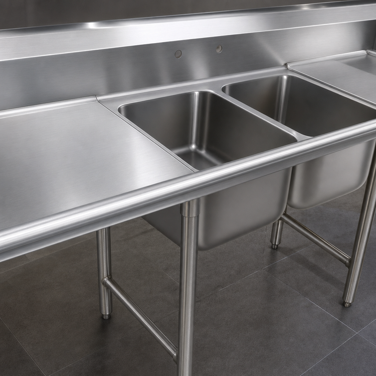 Product image #3 for Eagle Group 414 Series 2-Compartment Stainless Steel Sink with Left and Right Drainboards, 84-1/2 Inch Wide