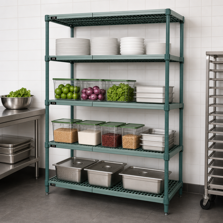 Product image #3 for Quantum 4-Tier Stationary Wire Plastic Mat Shelving Unit, 48 x 24 x 86 Inches, Green Epoxy