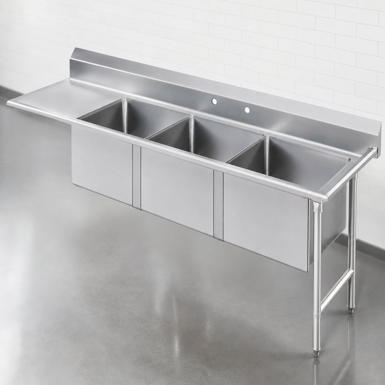 Product image #3 for Advance Tabco 66-Inch Right-Hand 3-Compartment Sink Dishtable with 6-Inch Drainboard and 16-Gauge 304 Stainless Steel Top