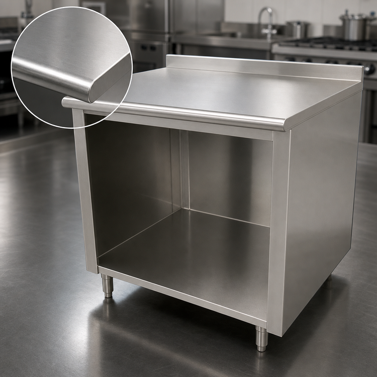 Product image #3 for Advance Tabco 96-Inch x 36-Inch Open Front Cabinet Base Work Table with 14-Gauge 304 Stainless Steel Top and 1-1/2-Inch Rear Up-Turn