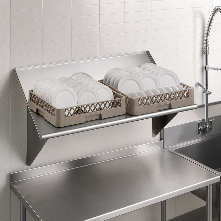 Product image #3 for Advance Tabco Special Value Series 42-Inch Wall-Mounted Stainless Steel Sorting Shelf for Two Full-Size Dish Racks