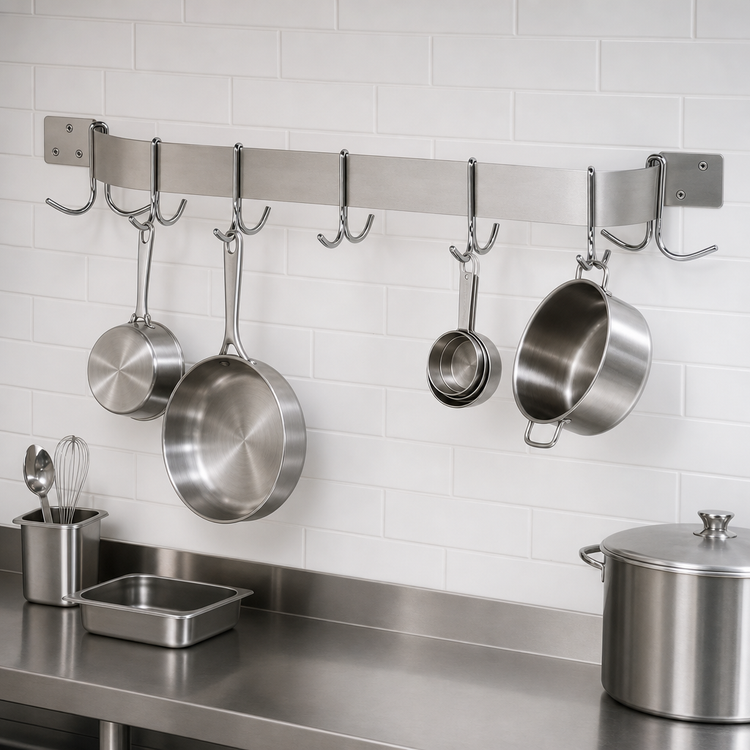 Product image #3 for Advance Tabco Special Value Series Wall-Mounted Single Bar Stainless Steel Pot Rack, 72 Inch Bar with 9 Double Hooks