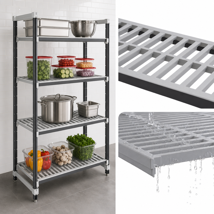 Product image #3 for Cambro Camshelving Elements XTRA 18" x 48" x 64" 4-Tier Stationary Starter Shelving Unit, Speckled Gray