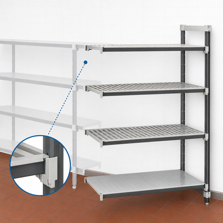 Product image #3 for Cambro Camshelving Elements XTRA Stationary Add-On Polymer Shelving Unit, 18 x 72 x 64, 4-Tier, 3 Vented + 1 Solid, Speckled Gray