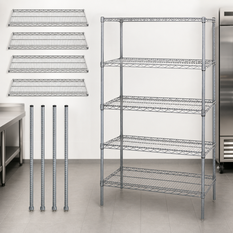 Product image #3 for Quantum Stationary Chrome-Plated Wire Shelving Starter Kit, 60"W x 18"D x 74"H, 5 Shelves