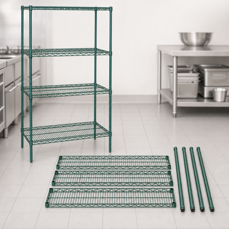 Product image #3 for Quantum 36"W x 12"D x 74"H Wire Shelving Starter Kit, 4-Shelf Stationary Unit, Green Epoxy Antimicrobial Finish