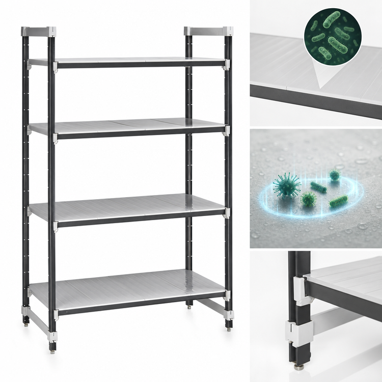 Product image #3 for Cambro Camshelving Elements XTRA 4-Tier Solid Stationary Starter Polymer Shelving Unit, 24" x 48" x 72"