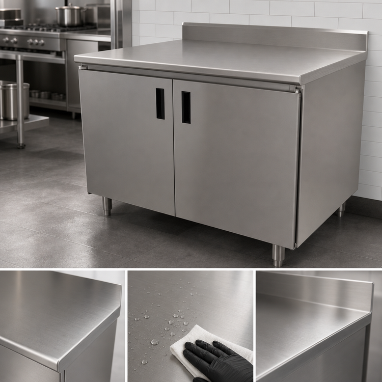 Product image #3 for Advance Tabco Special Value 60-Inch x 30-Inch Enclosed Stainless Steel Work Table with Cabinet Base, Hinged Doors, and 5-Inch Backsplash