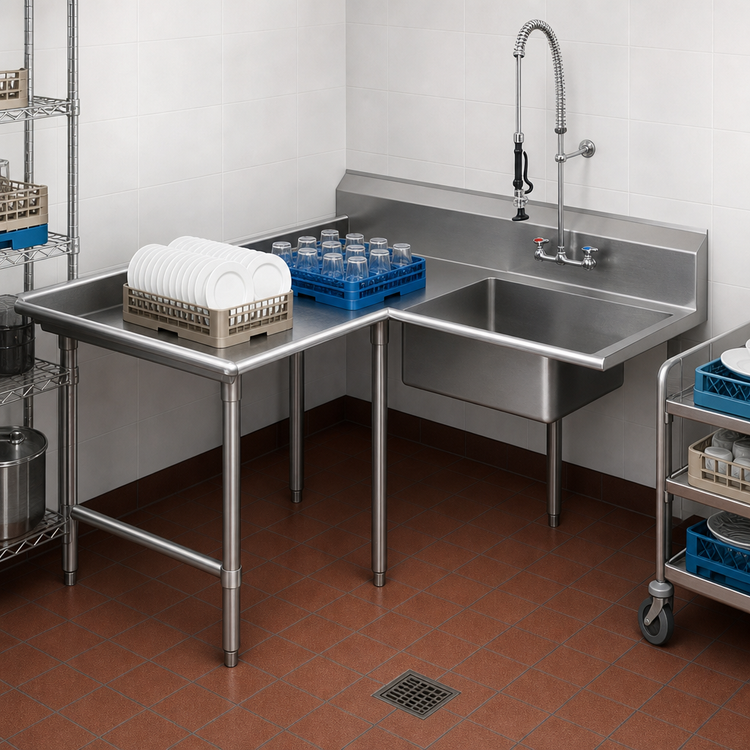 Product image #3 for John Boos Pro-Bowl L-Shaped Island Soiled Dishtable with 20" x 20" Pre-Rinse Sink Bowl