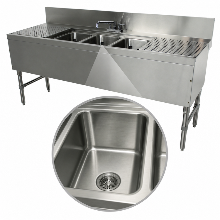 Product image #3 for Prestige 3-Compartment Stainless Steel Underbar Sink Unit with Dual Drainboards and Deck-Mount Faucet