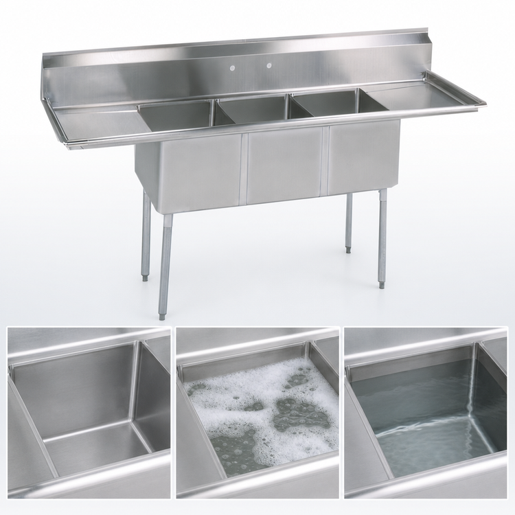 Product image #3 for BK Resources Three-Compartment Sink with Left and Right Drainboards, 18 Gauge 304 Stainless Steel