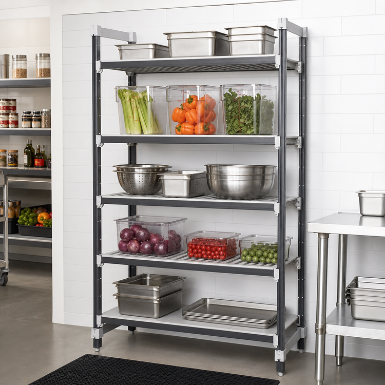 Product image #3 for Cambro Camshelving Elements XTRA 5-Tier Stationary Starter Shelving Unit, 24 x 54 x 84 Inches, Speckled Gray