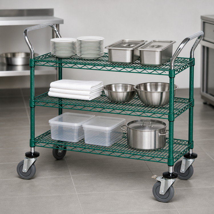 Product image #3 for Quantum 36-Inch x 18-Inch 3-Shelf Wire Utility Cart, Green Epoxy, 1200 lb Capacity