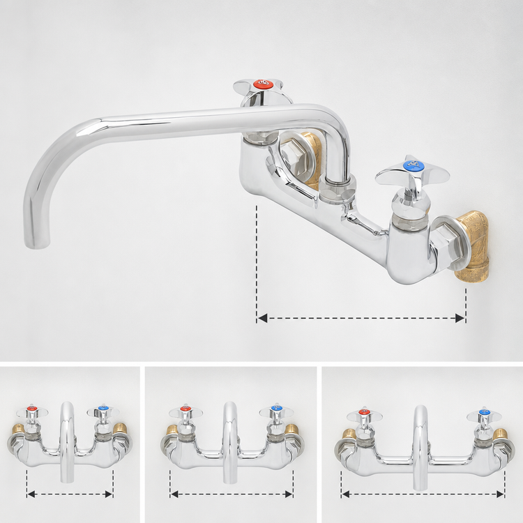 Product image #3 for T&S Brass Big-Flo 8-Inch Wall-Mount Sink Mixing Faucet with 12-Inch Swing Nozzle and Anti-Microbial 4-Arm Handles