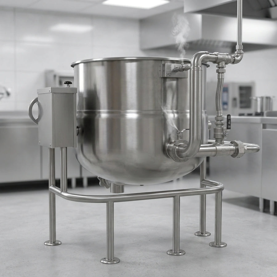 This image illustrates the Crown DLT-60 tilting kettle's robust direct steam operation, designed for efficient and powerful performance in any commercial kitchen.