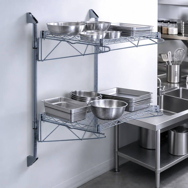 Product image #3 for Quantum Wall-Mounted Cantilever Double Shelf Wire Shelving Unit, 30 x 18 Inches, Gray Epoxy Finish
