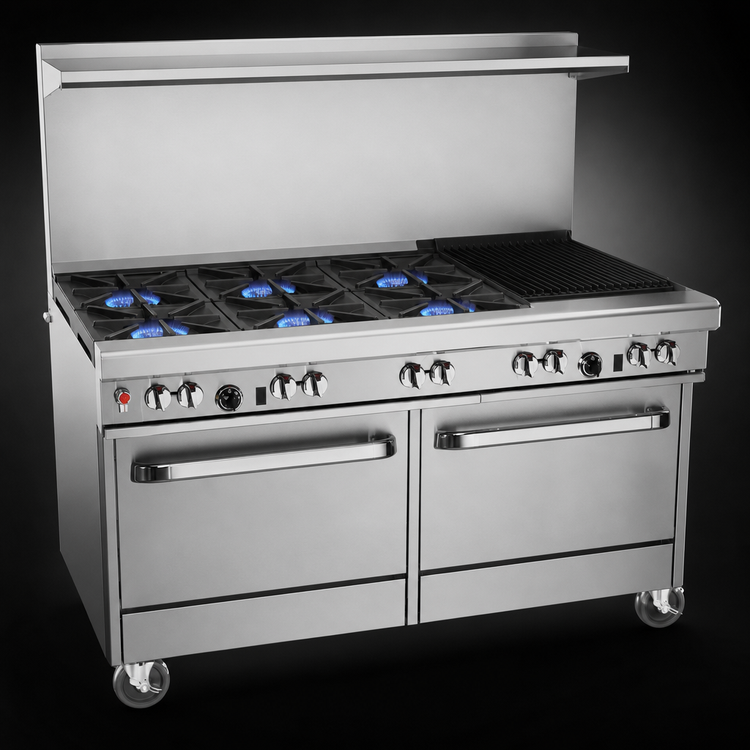 Product image #3 for Southbend Ultimate 60-Inch Gas Restaurant Range with 4 Open Burners, 36-Inch Charbroiler, 2 Cabinets, and Hi-Shelf