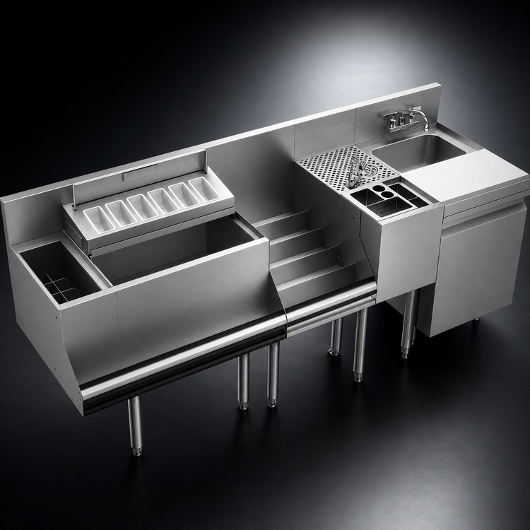 Product image #3 for Krowne Royal Series 78-Inch Stainless Steel Underbar Workstation with 24-Inch Ice Bin, 8-Inch Elixir Well, and Dump Sink