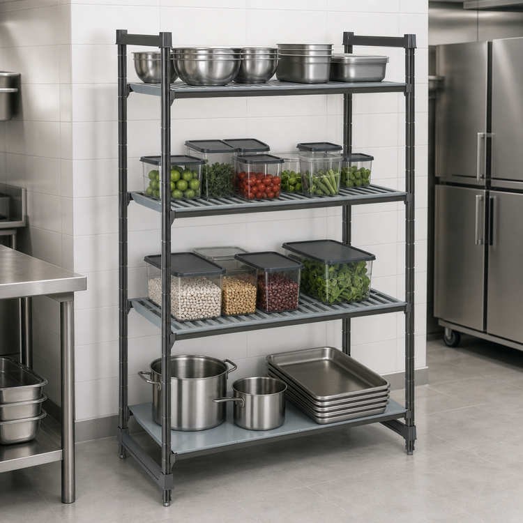 Product image #3 for Cambro Camshelving Basics Plus 4-Tier Stationary Starter Unit, 21 x 48 x 72 Inches, 3 Vented Shelves + 1 Solid Shelf, Brushed Graphite