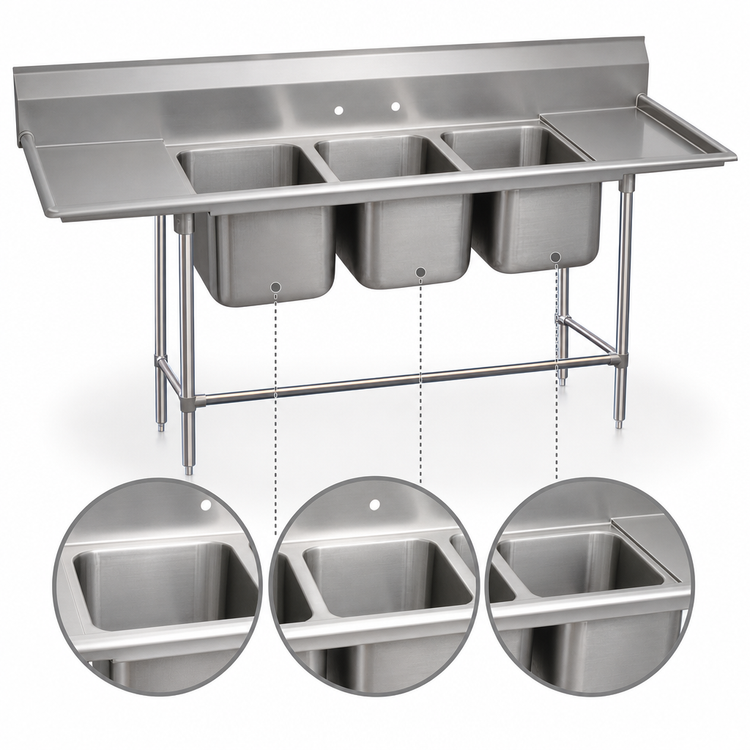 Product image #3 for Advance Tabco Regaline 3-Compartment Sink with Left and Right-Hand Drainboards, 20" x 28" Bowls, 14-Gauge 304 Stainless Steel