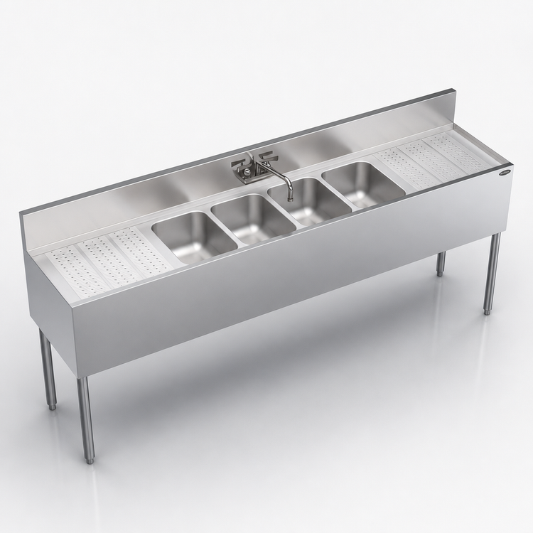 Product image #3 for Krowne Royal Series 84-Inch Four-Compartment Stainless Steel Underbar Sink Unit with Dual Drainboards