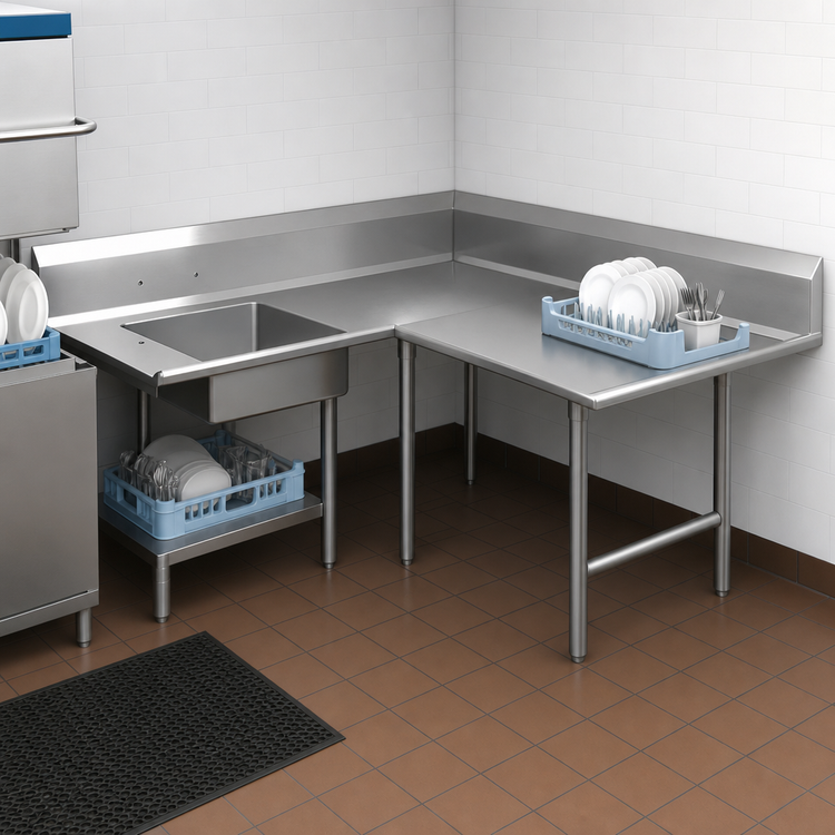 Product image #3 for Pro-Bowl L-Shaped Soiled Dishtable with 20" x 20" x 8" Bowl, 10" Landing Shelf, Right-to-Left, 70" Machine-to-Corner x 108" Corner-to-End