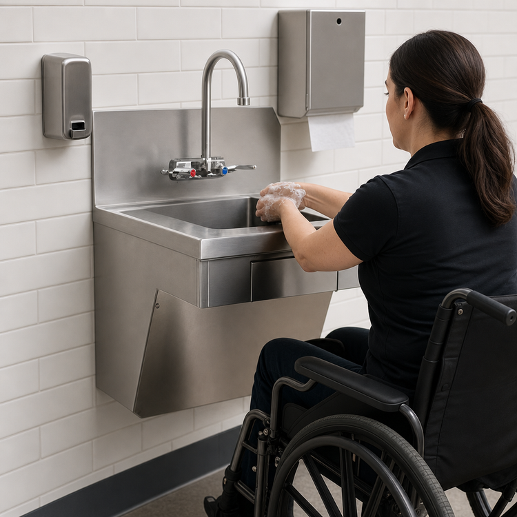 Product image #3 for Eagle Group ADA Wall-Mount 14-Inch Stainless Steel Hand Sink with Gooseneck Faucet, Skirt Assembly, Soap Dispenser, and Paper Towel Dispenser