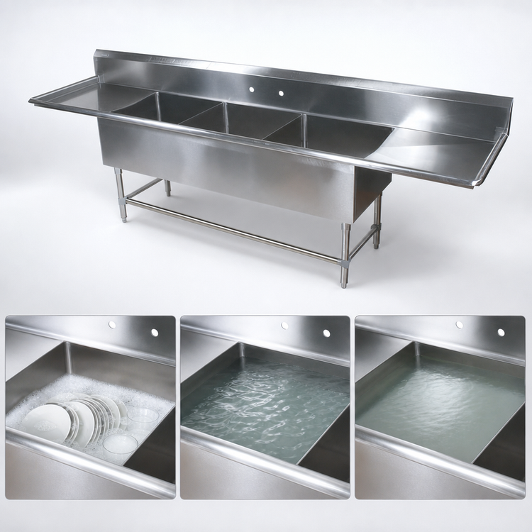 Product image #3 for John Boos Pro-Bowl 3-Compartment Sink with Dual 24-Inch Drainboards, 14-Gauge Stainless Steel, 105-1/4 Inches Wide