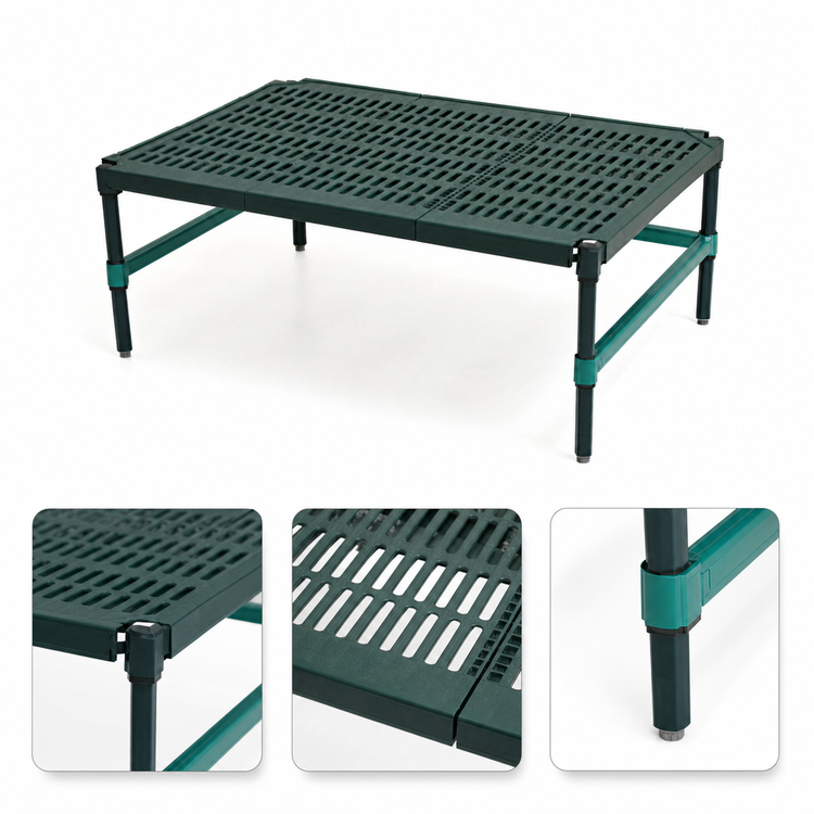 Product image #3 for QuadPlus Mobile Dunnage Rack with 3-Sided Frame and Louvered Polypropylene Mat, 60 x 24 x 14 Inches, 800 lb Capacity