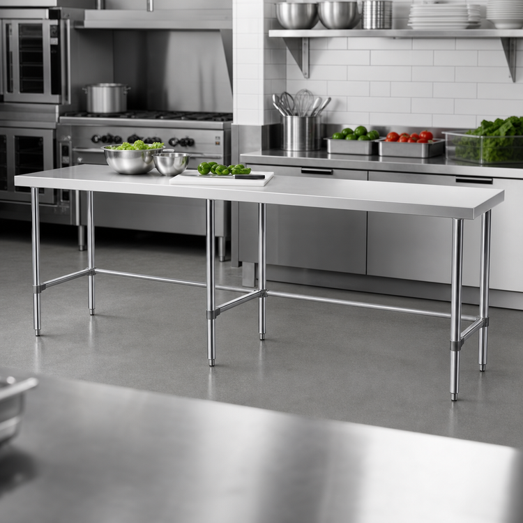 Product image #3 for Sapphire 108-Inch x 14-Inch 18-Gauge 430 Stainless Steel Open Base Work Table