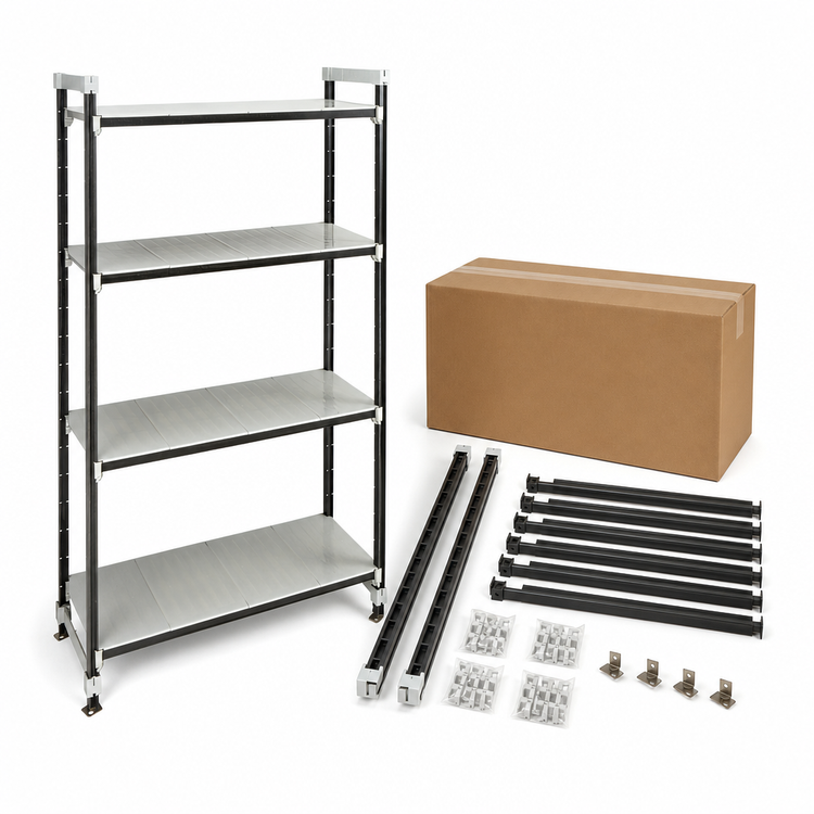 Product image #3 for Cambro Camshelving Elements XTRA High Density Top Rail Stationary Starter Unit, 4-Shelf Solid, 18 x 54 x 81 Inches, Speckled Gray