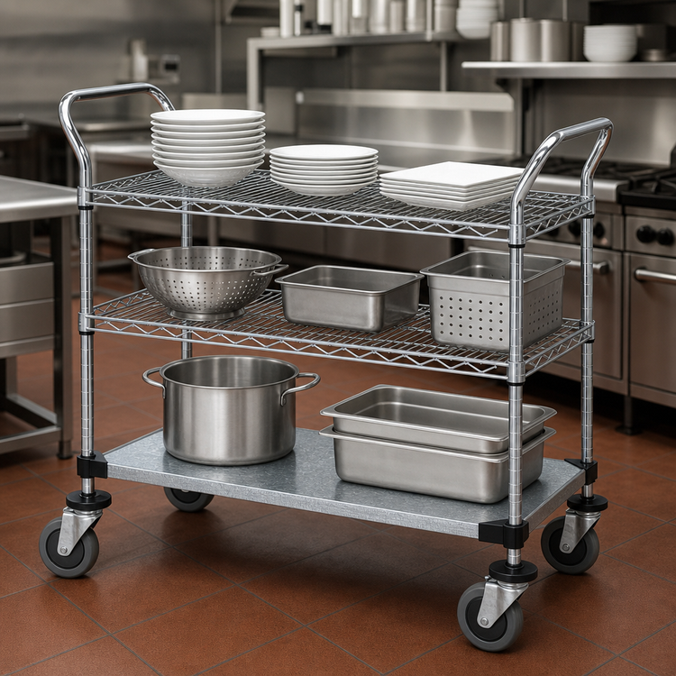 Product image #3 for Quantum 3-Shelf Chrome-Plated Utility Cart with 2 Wire Shelves and 1 Galvanized Solid Shelf, 48 x 18 Inches