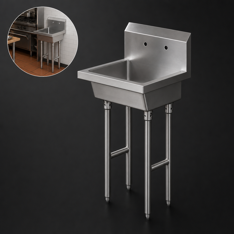 Product image #3 for BK Resources MSHS-24F2 Single Station Freestanding Hand Wash Sink with 8" OC Faucet Holes