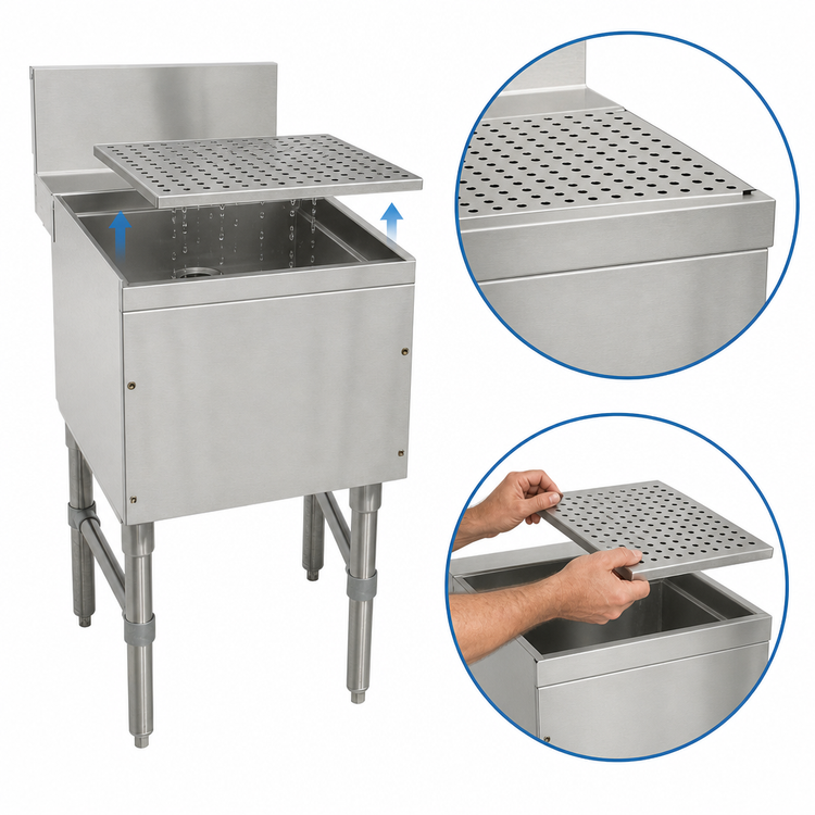Product image #3 for Advance Tabco Prestige Free-Standing Underbar Drainboard with Removable Perforated Top, 24 Inch Wide x 25 Inch Deep
