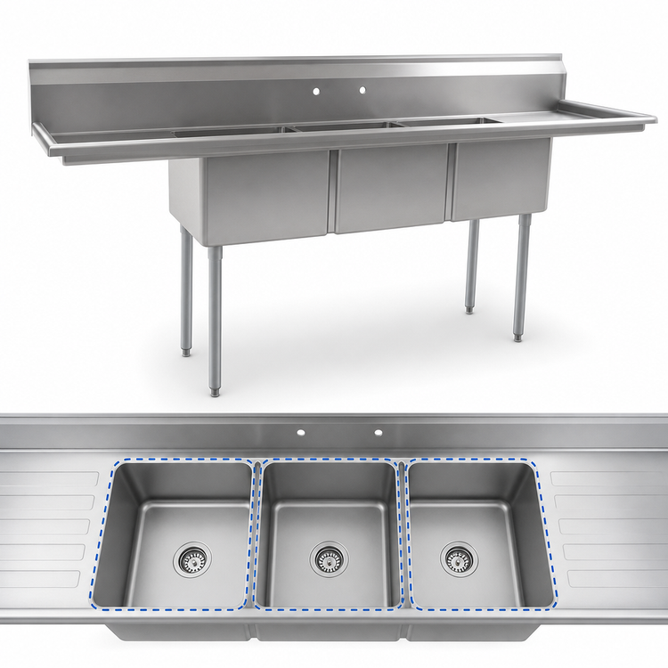 Product image #3 for Eagle Group BlendPort BPFE Series Economy Three-Compartment Sink with Dual Drainboards and 12-Inch Deep Bowls