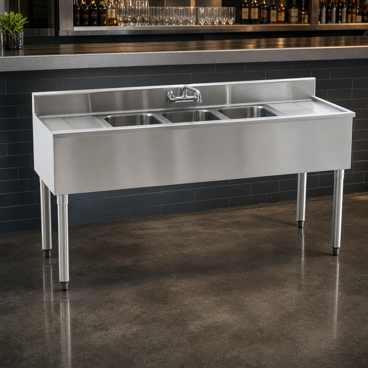 Product image #3 for Eagle Group 1800 Series Three-Compartment Underbar Sink Unit with Left and Right Drainboards, 60-Inch x 20-Inch