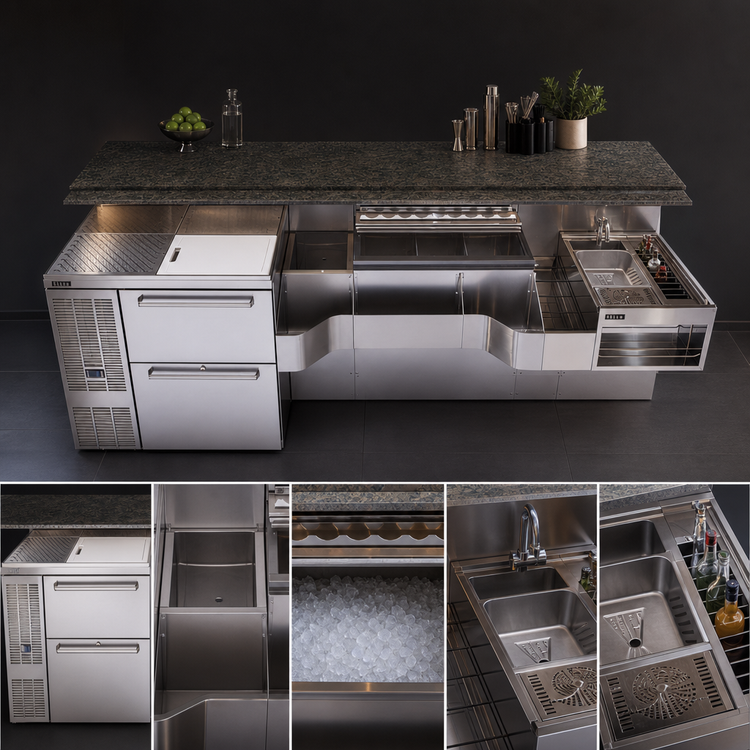 Product image #3 for Perlick Tobin Ellis Signature Series 68-Inch Pre-Configured Single-Sink Bartender Station with Ice Vault and Wall-Mount Faucet