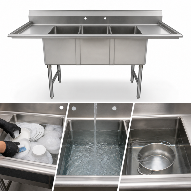Product image #3 for Advance Tabco 3-Compartment Fabricated Sink with Left and Right Drainboards, 18 x 24 x 14 Inch Bowls