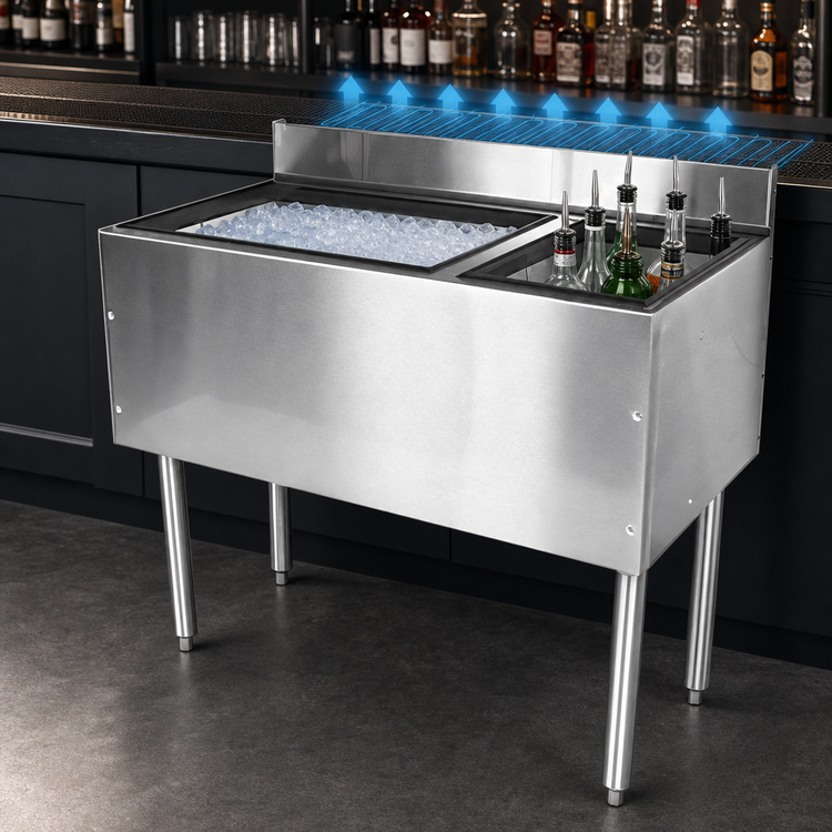 Product image #3 for CHOICE 36-Inch Stainless Steel Underbar Combo Ice Bin/Cocktail Unit with 10-Circuit Cold Plate and Right-Side Bottle Storage