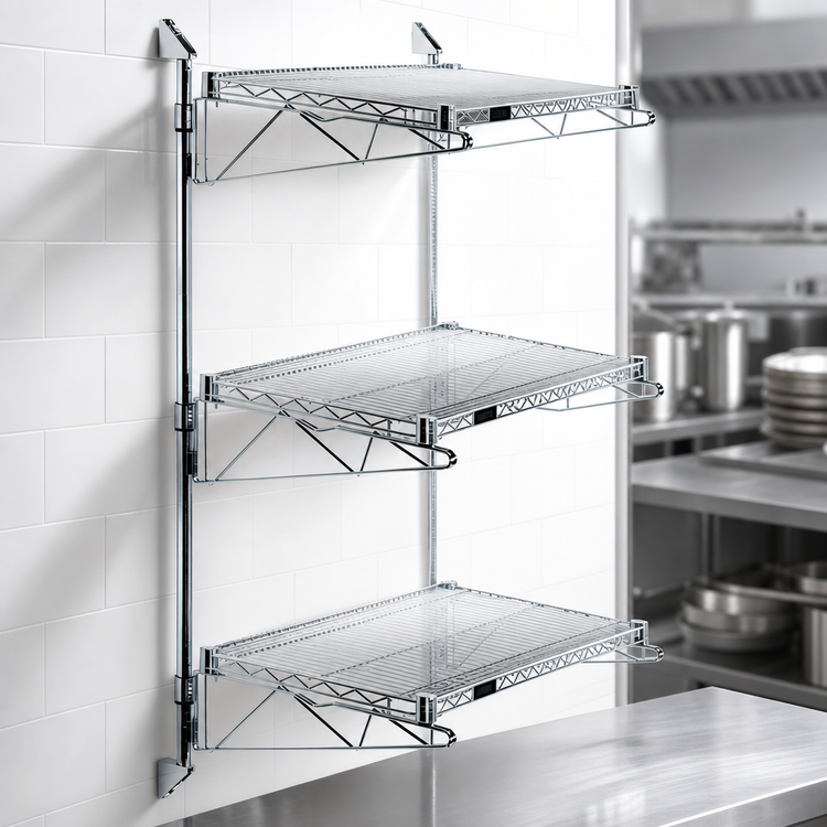 Product image #3 for Quantum Wall-Mount Cantilever Starter Unit with 3 Wire Shelves, Chrome Plated