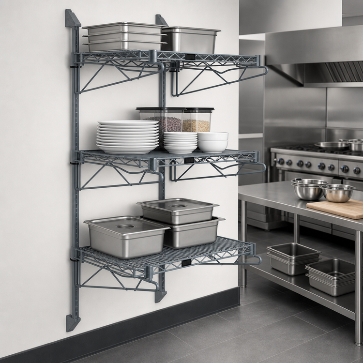 Product image #3 for Quantum 3-Shelf Wall-Mount Cantilever Starter Unit with 54-Inch Posts and Gray Epoxy Antimicrobial Finish