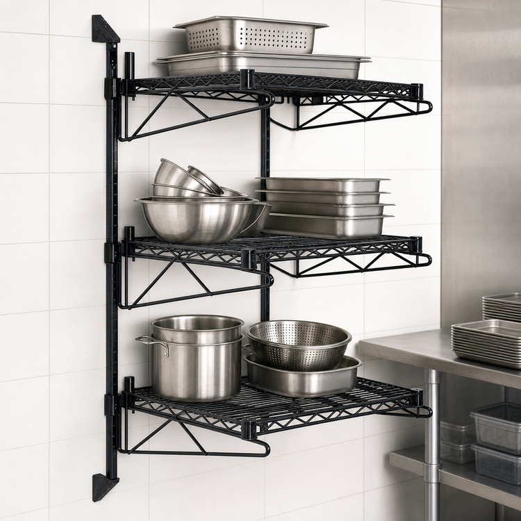 Product image #3 for Quantum Wall-Mounted Cantilever Shelving Starter Unit with 3 Wire Shelves, Black Epoxy Antimicrobial Finish