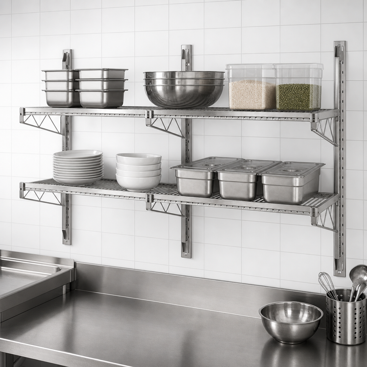 Product image #3 for Advance Tabco Special Value Series 2-Tier Adjustable Wall-Mount Wire Shelving Post & Bracket Kit for 14-Inch Deep Shelves
