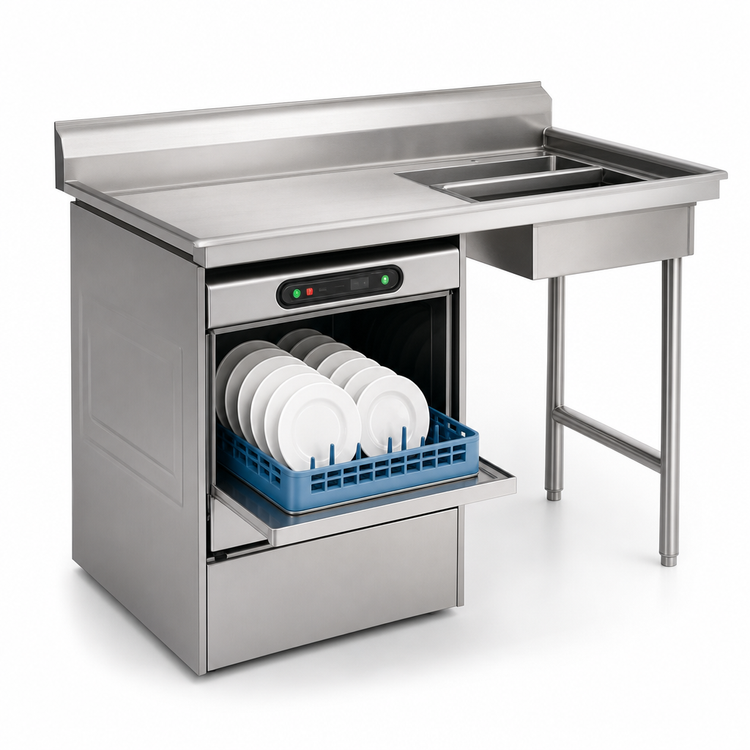 Product image #3 for Eagle Group 60-Inch Undercounter Soiled Dishtable with Left Dishwasher Opening and 20 x 20 x 5 Pre-Rinse Sink