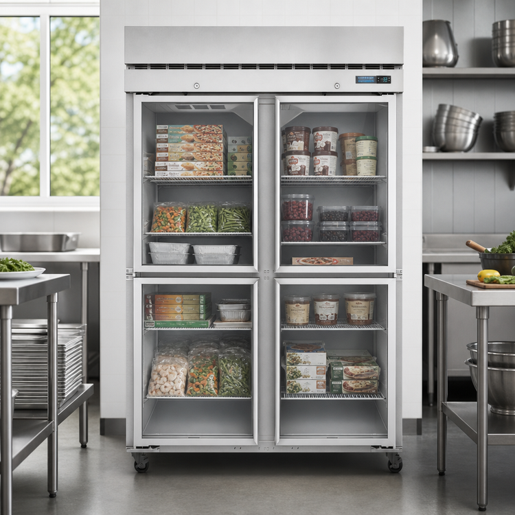 Product image #3 for Steelheart Two-Section Reach-In Freezer with 4 Half-Hinged Glass Doors, 50.37 Cu. Ft., Top-Mounted Self-Contained Refrigeration