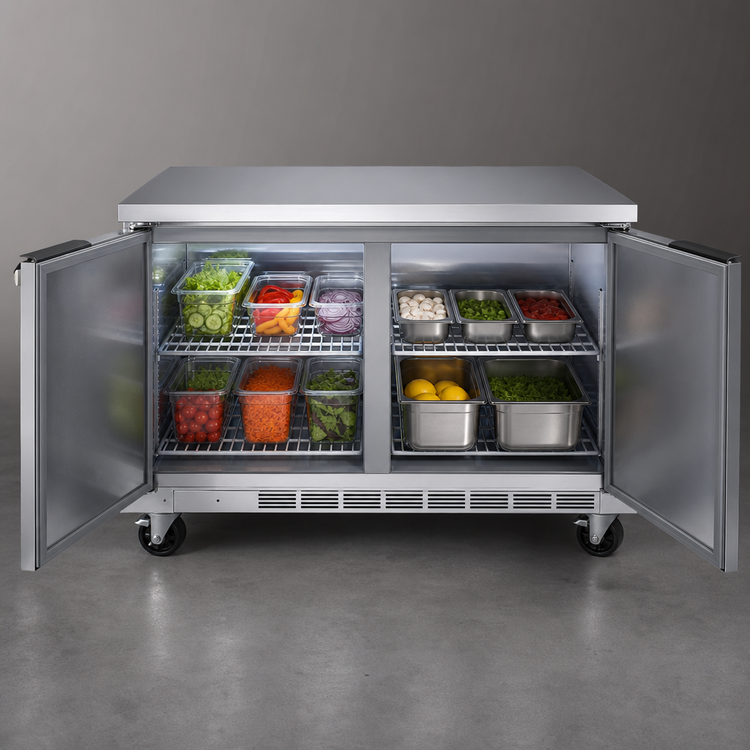 Product image #3 for Beverage-Air 48-Inch Two-Section Flat-Top Worktop Refrigerator with Solid Doors, 11.82 Cu. Ft.