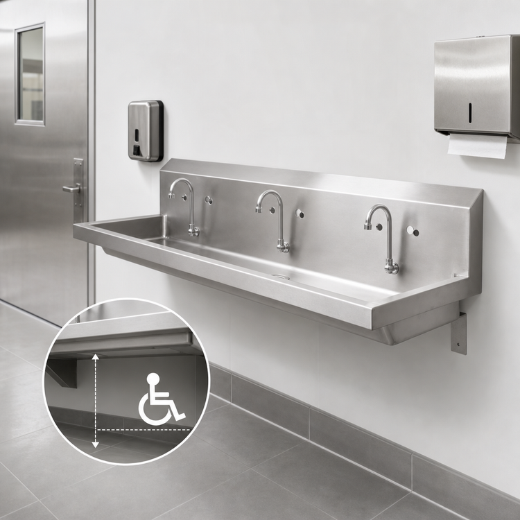 Product image #3 for 72-Inch ADA Three-Station Wall-Mount Hand Wash Sink with 3 Sets of 8-Inch OC Faucet Holes