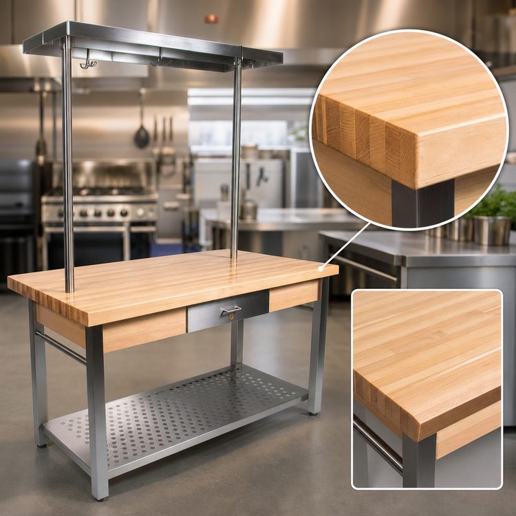 Product image #4 for John Boos Cucina Grande 60-Inch x 28-Inch Hard Rock Maple Wood Top Work Table with Stainless Steel Undershelf, Drawer, and Towel Bars
